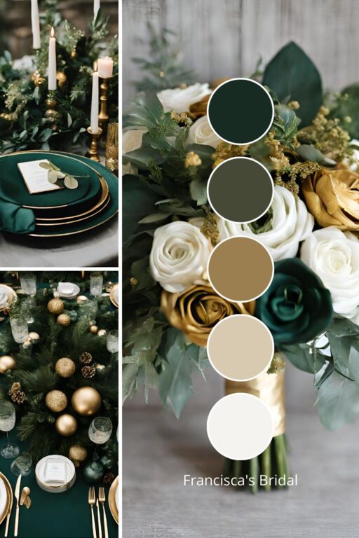 A photo collage with dark green and gold wedding color ideas.