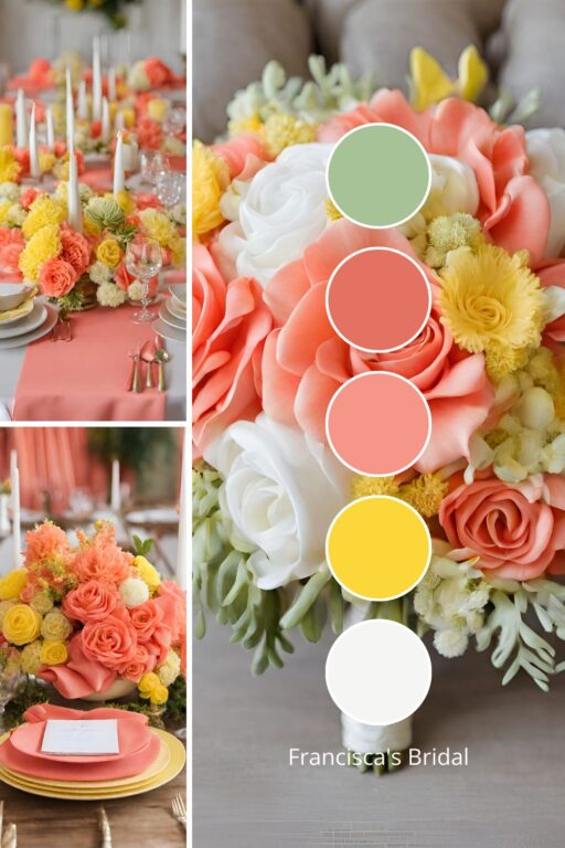 A photo collage with coral and yellow wedding color ideas.