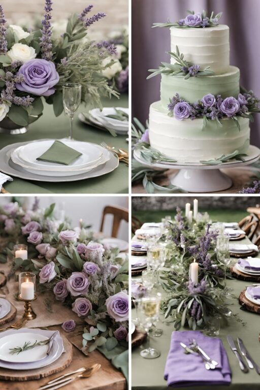 A photo collage with lavender and sage green wedding color ideas.