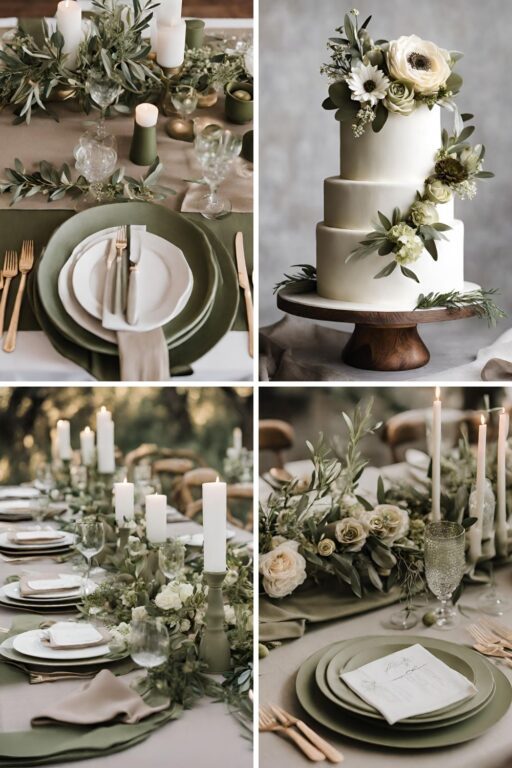 A photo collage with olive green and taupe wedding color ideas.