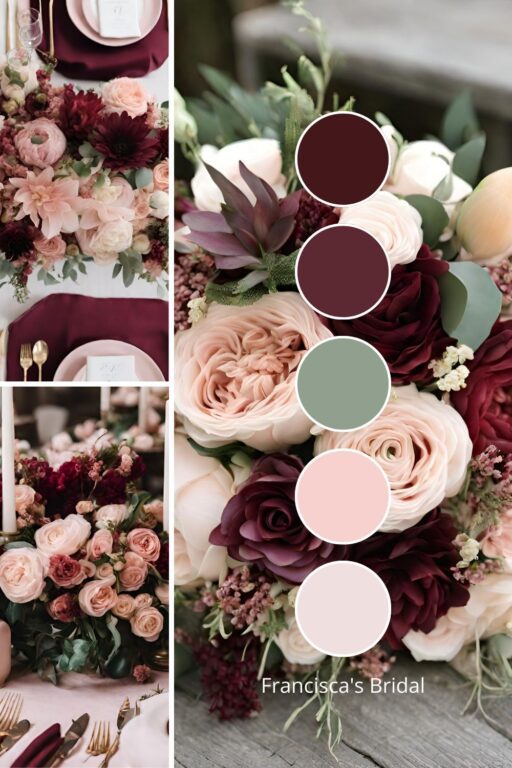 A photo collage with blush and burgundy wedding color ideas.