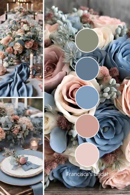 A photo collage with dusty blue and dusty rose wedding color ideas.