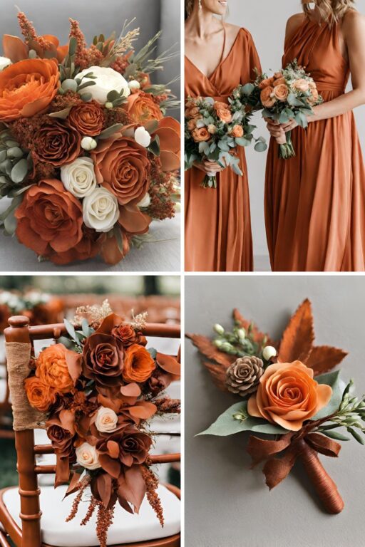 A photo collage with rust orange and terracotta wedding color ideas.