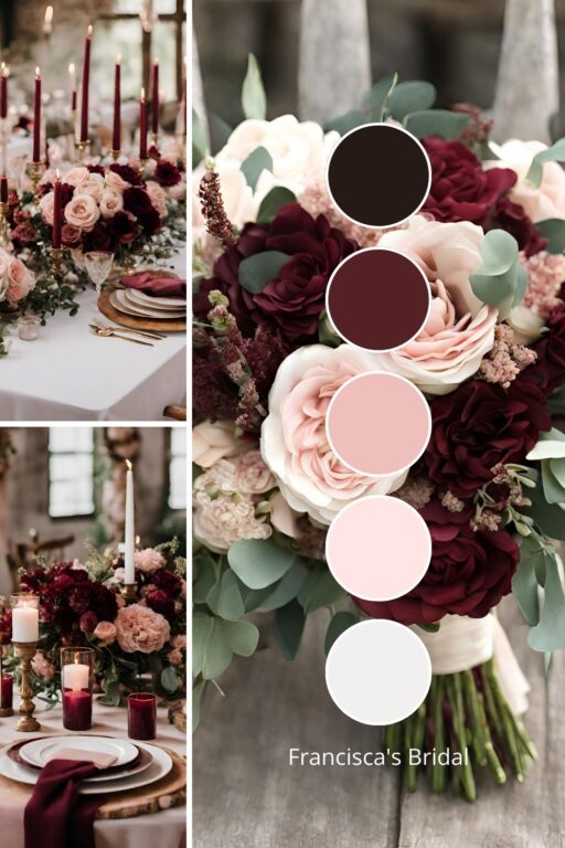 A photo collage with burgundy and blush pink wedding color ideas.