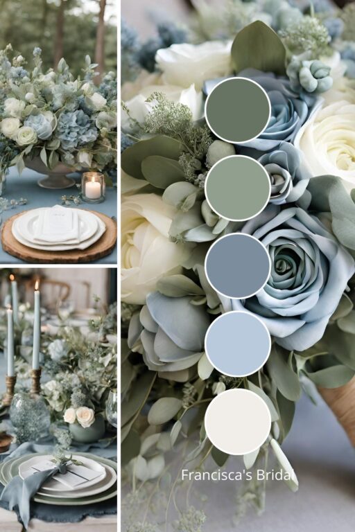 A photo collage with dusty blue and sage green wedding color ideas.
