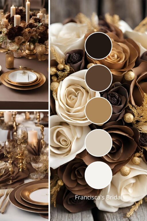 A photo collage with brown and gold wedding color ideas.