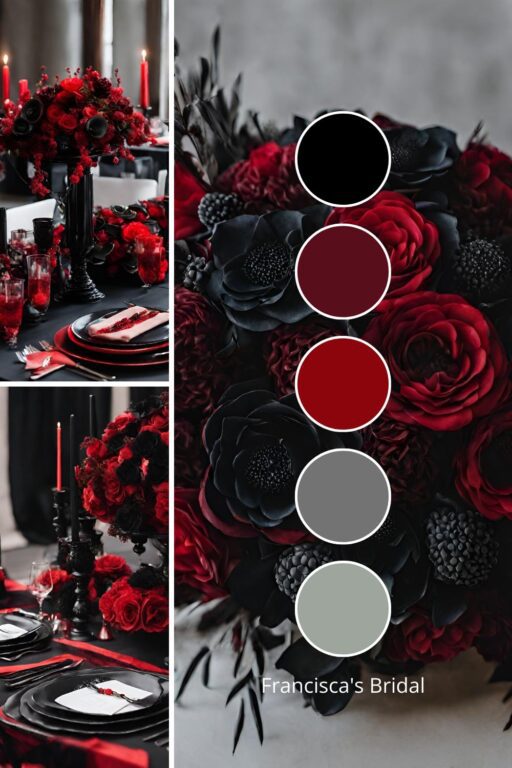 A photo collage with black and red wedding color ideas.