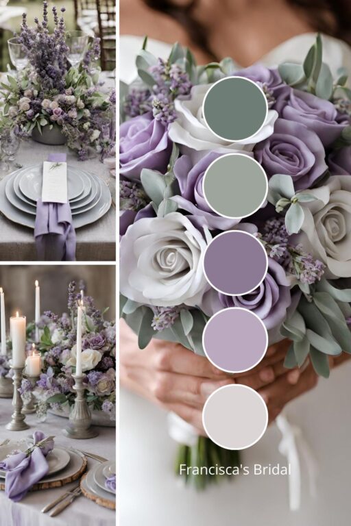 A photo collage with lavender and light gray wedding color ideas.