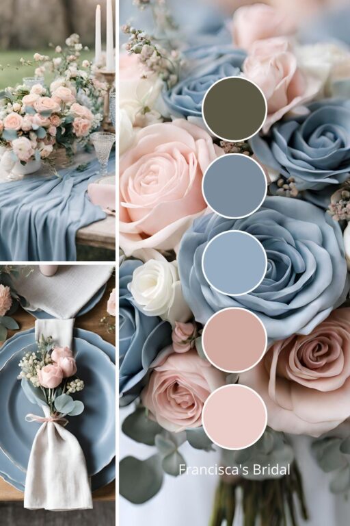 A photo collage with dusty blue and light pink wedding color ideas.