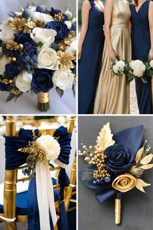 A photo collage with navy blue and gold wedding color ideas.