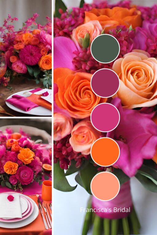 A photo collage with fuchsia pink and tangerine orange wedding color ideas.