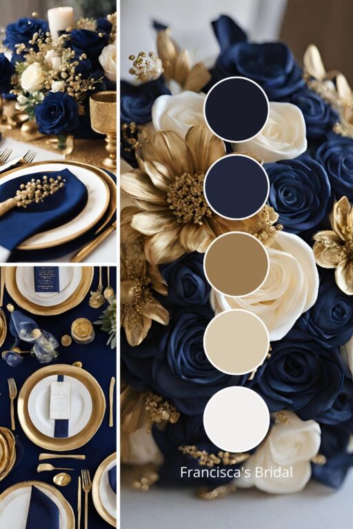 A photo collage with navy and gold wedding color ideas.