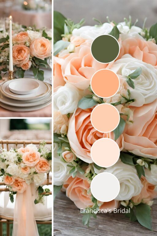 A photo collage with peach and ivory wedding color ideas.