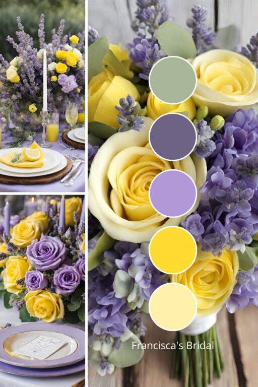 A photo collage with lavender and lemon yellow wedding color ideas.