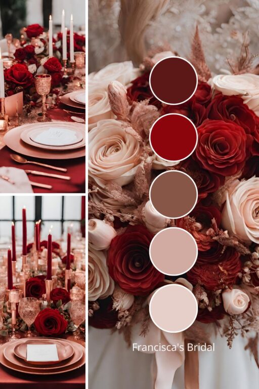 A photo collage with red and rose gold wedding color ideas.