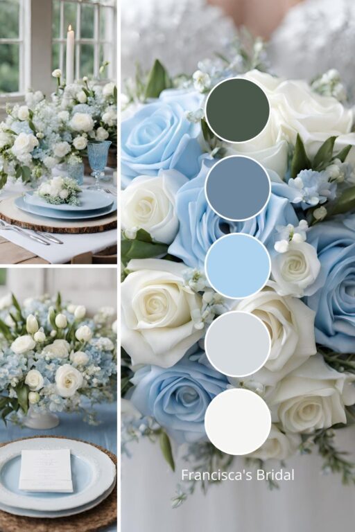 A photo collage with light blue and white wedding color ideas.