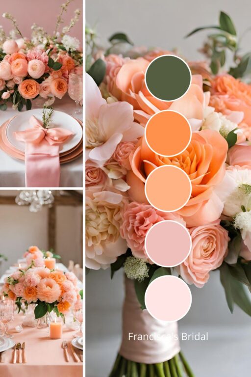 A photo collage with peach and light pink wedding color ideas.