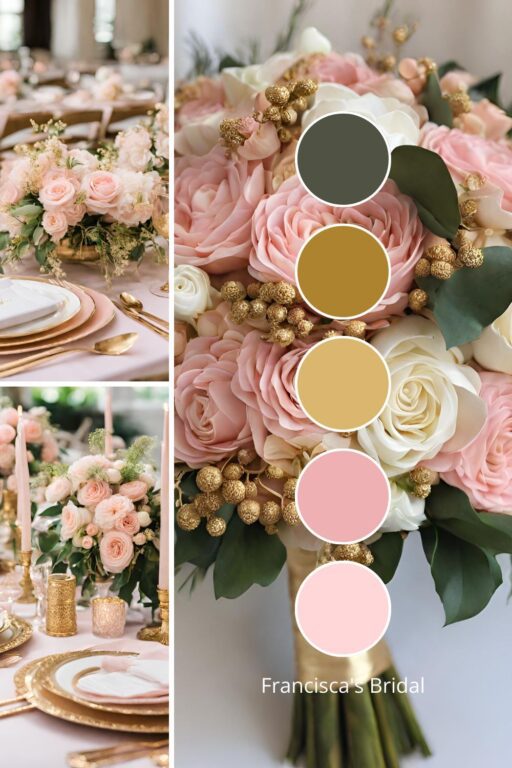 A photo collage with pink and gold wedding color ideas.