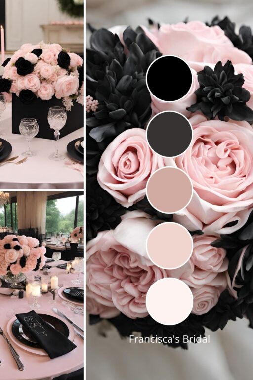 A photo collage with black and light pink wedding color ideas.