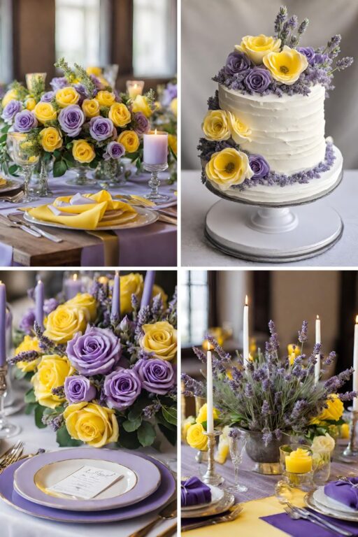 A photo collage with lavender and lemon wedding color ideas.