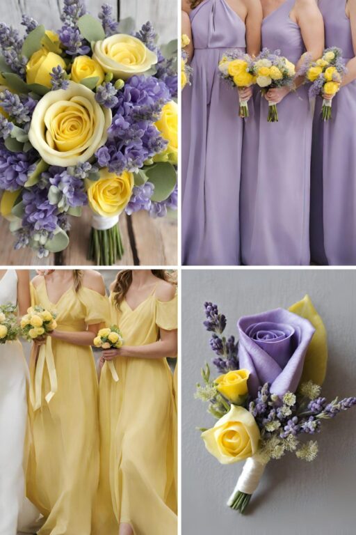 A photo collage with lavender and lemon wedding color ideas.