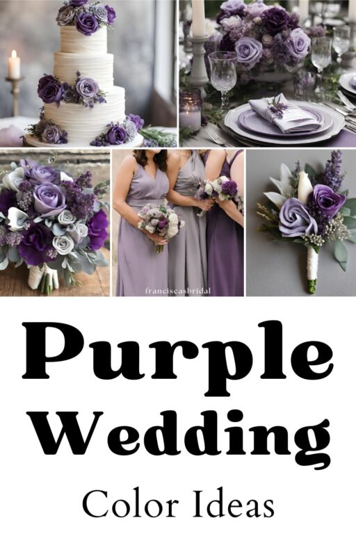 A photo collage with purple and gray wedding color ideas.