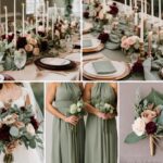 A photo collage with sage green and burgundy wedding colors.