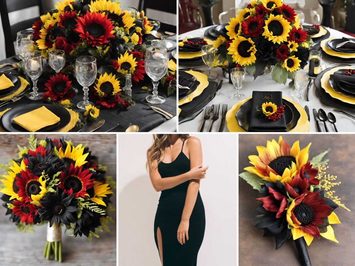 A photo collage with black and red wedding color ideas with sunflowers.