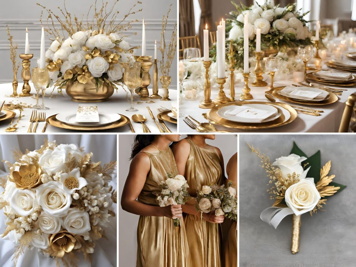 A photo collage with gold and white wedding color ideas.