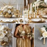 A photo collage with gold and white wedding color ideas.