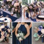 A photo collage with navy blue and rose gold wedding color ideas.