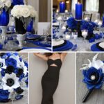 A photo collage with cobalt blue, black, and silver wedding color ideas.