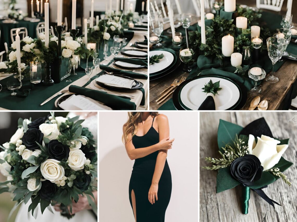 A photo collage with hunter green and black wedding color ideas.