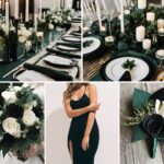 A photo collage with hunter green and black wedding color ideas.