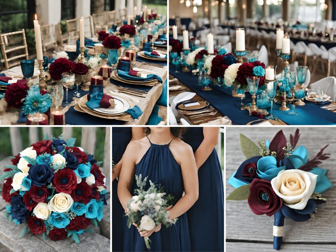 A photo collage with navy, burgundy, and turquoise wedding color ideas.
