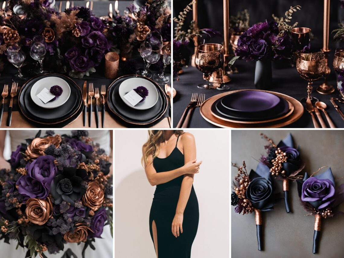 A photo collage with black and purple wedding color ideas.