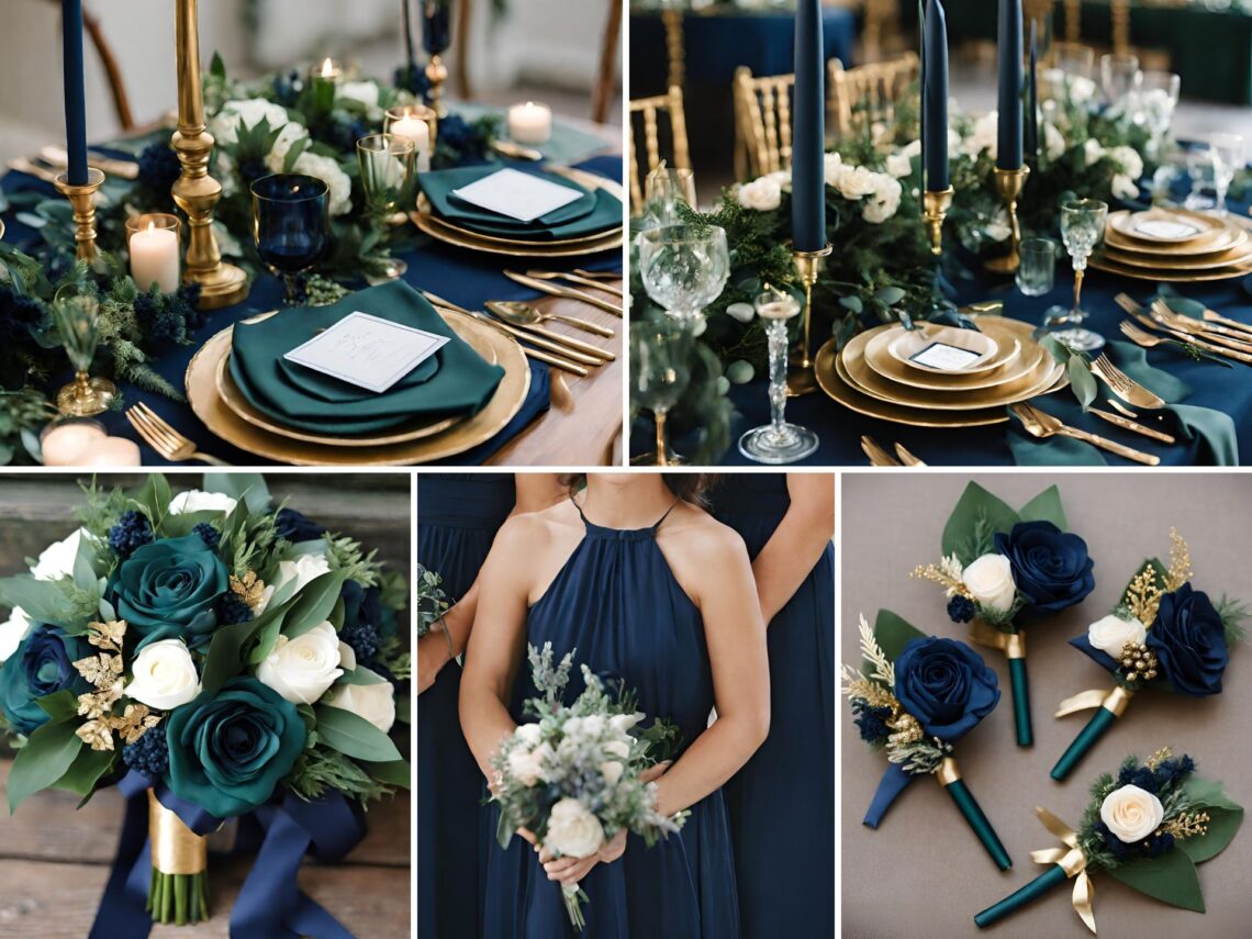 A photo collage of hunter green and navy wedding color ideas.