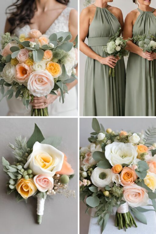 A photo collage with sage green, peach, and pink wedding color ideas.