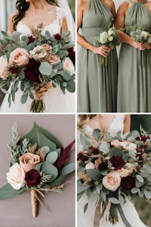 A photo collage with sage green and burgundy wedding colors.