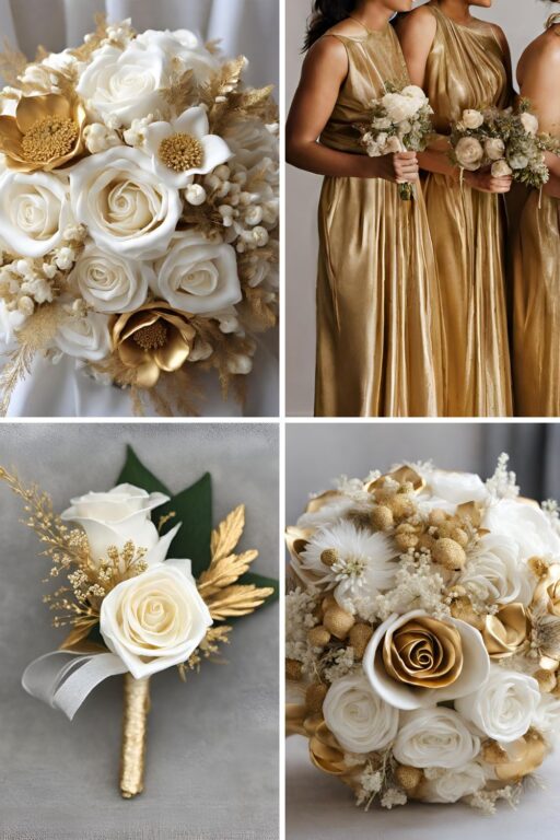 A photo collage with gold and white wedding color ideas.