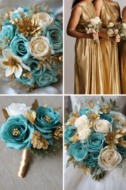 A photo collage with light teal and gold wedding colors.