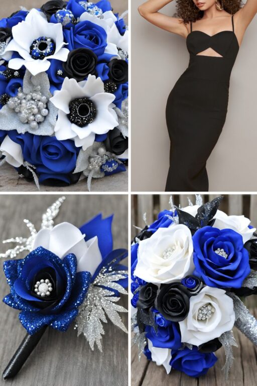 A photo collage with cobalt blue, black, and silver wedding color ideas.