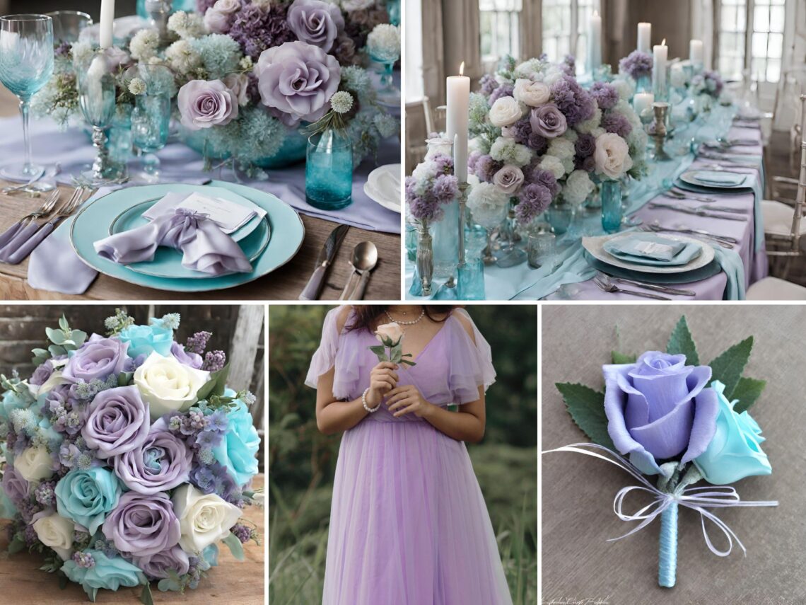 A photo collage of lavender and pale turquoise blue wedding color ideas.