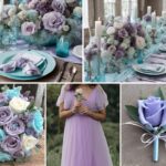 A photo collage of lavender and pale turquoise blue wedding color ideas.