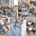 A photo collage of dusty rose and dusty blue wedding color ideas.