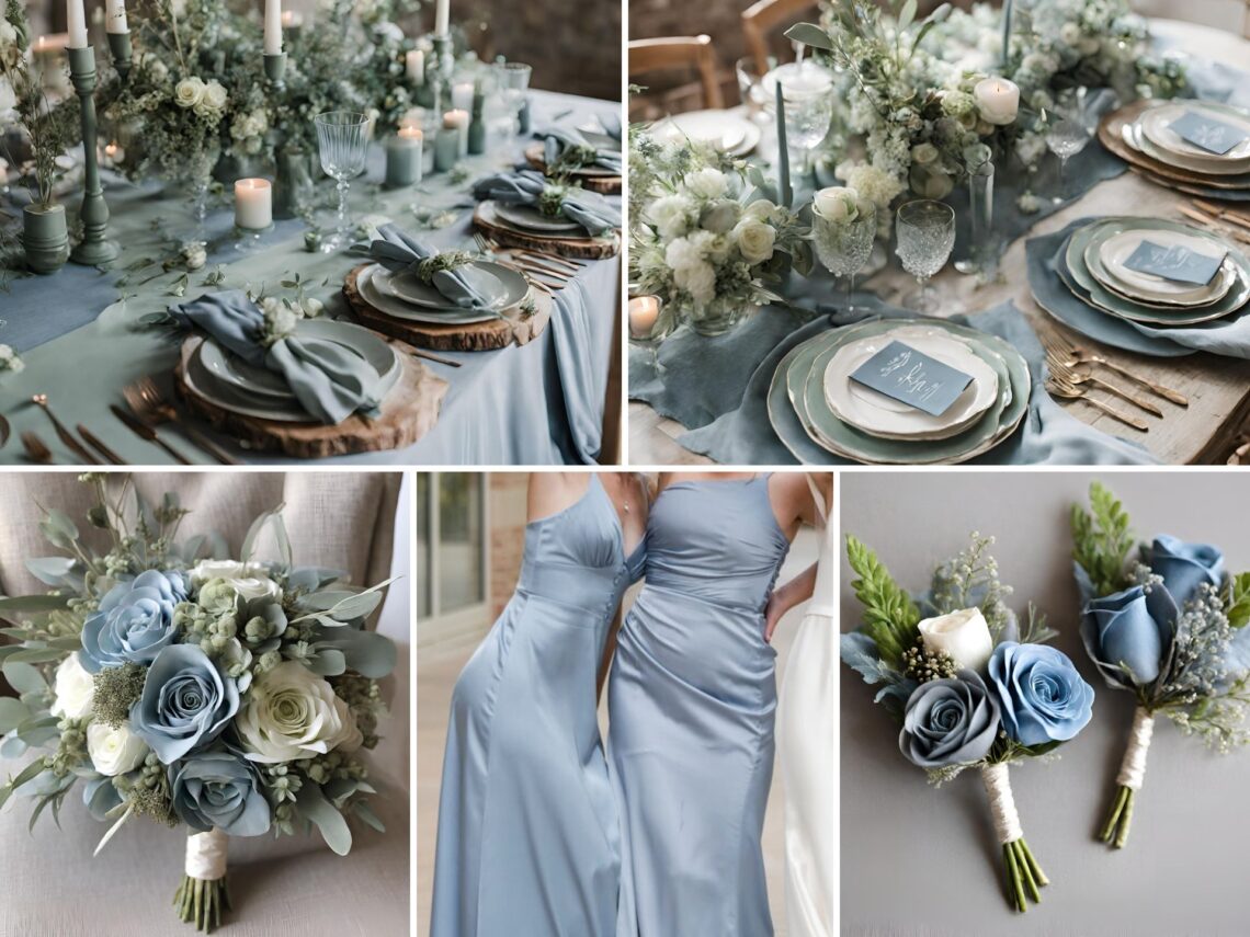 A photo collage of dusty blue and sage green wedding color ideas.
