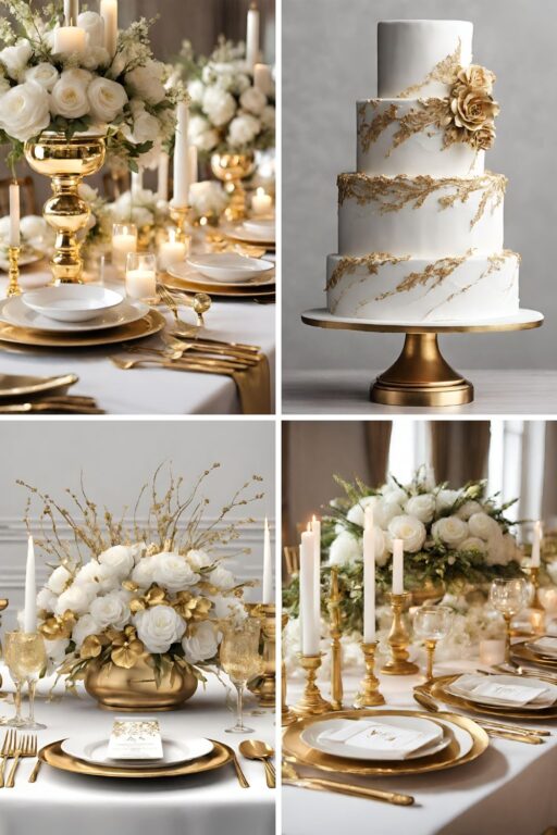 A photo collage with gold and white wedding color ideas.