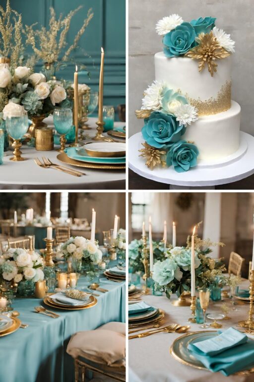 A photo collage with light teal and gold wedding colors.