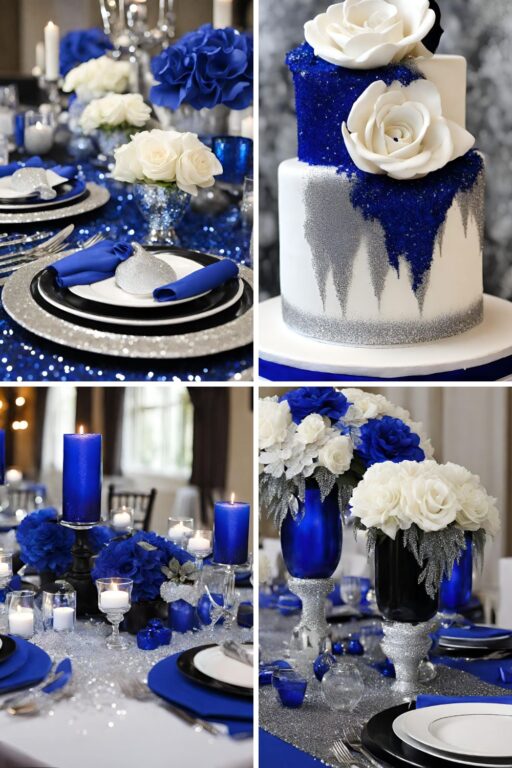 A photo collage with cobalt blue, black, and silver wedding color ideas.