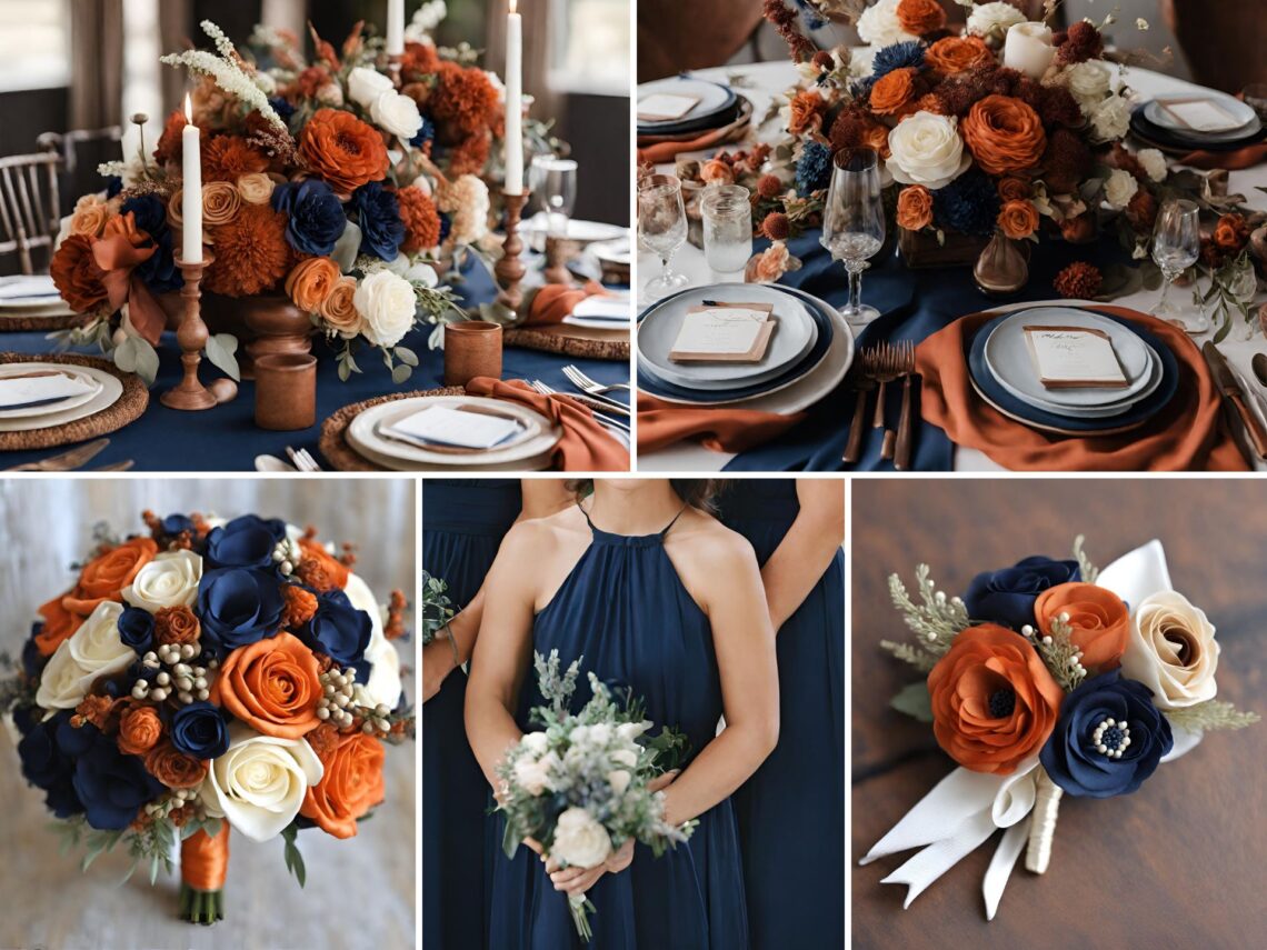 A photo collage with orange and navy wedding color ideas.